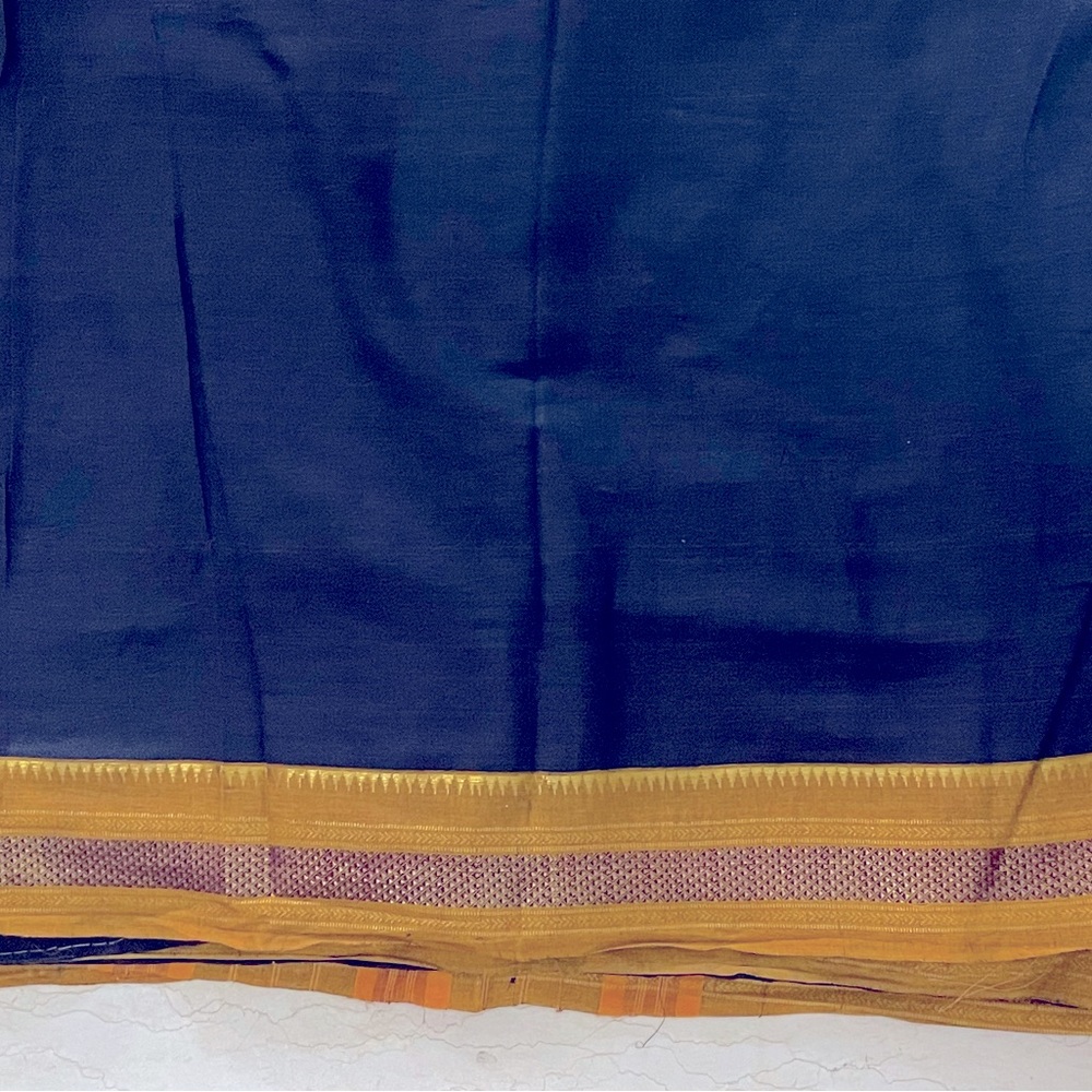 Pure cotton plain black saree with mustard brown golden thread border & pallu - Picture 3 of 5